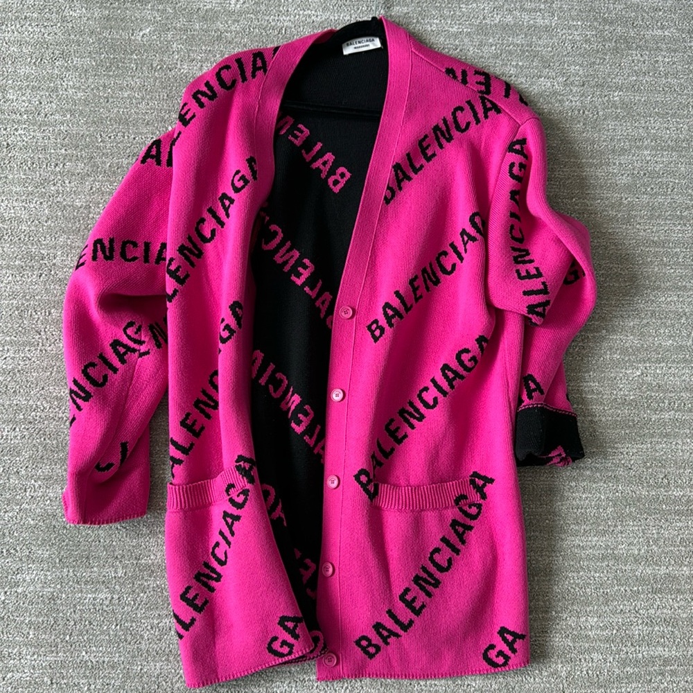 Hot Pink Balenciaga Logo Knit Cardigan